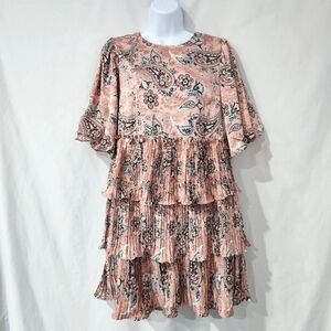 Code X Mode Women's Tiered Dress Size M Mauve‎ Green Satin Floral Paisley Party